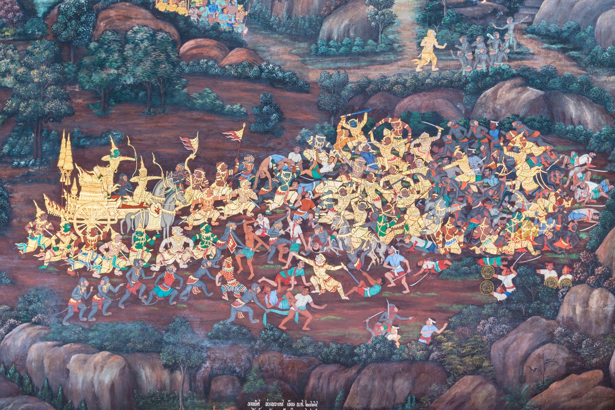 Väggmålning med scener ur Ramayana i Wat Phra Kaeo, det kungliga stora palatset, Bangkok, Thailand av Thai School