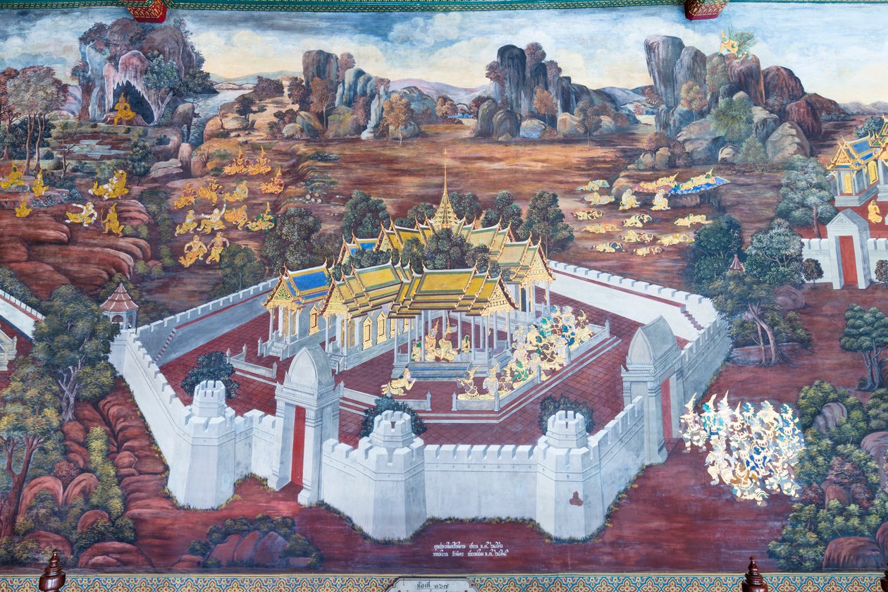 Väggmålning som visar scener från Ramayana vid Wat Phra Kaeo, Royal Grand Palace, Bangkok, Thailand av Thai School