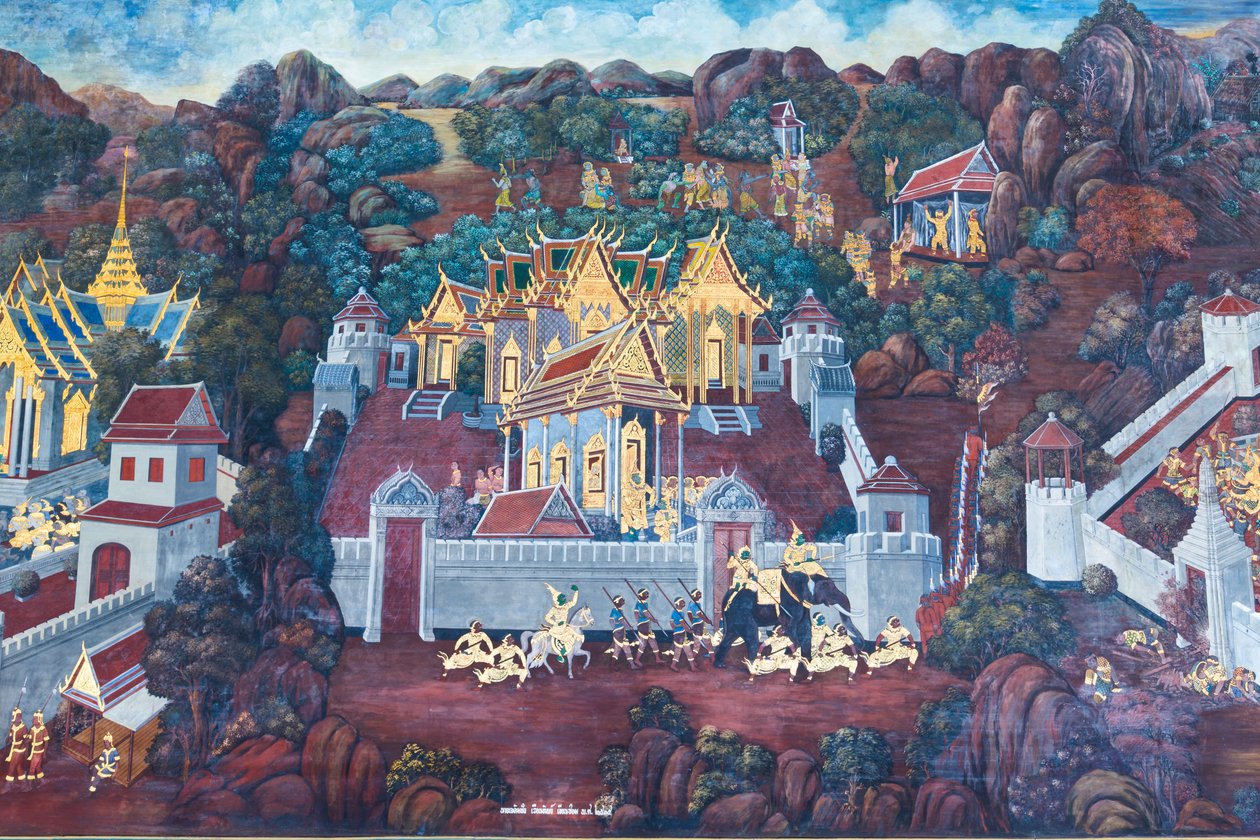 Väggmålning som visar scener från Ramayana vid Wat Phra Kaeo, Royal Grand Palace, Bangkok, Thailand av Thai School