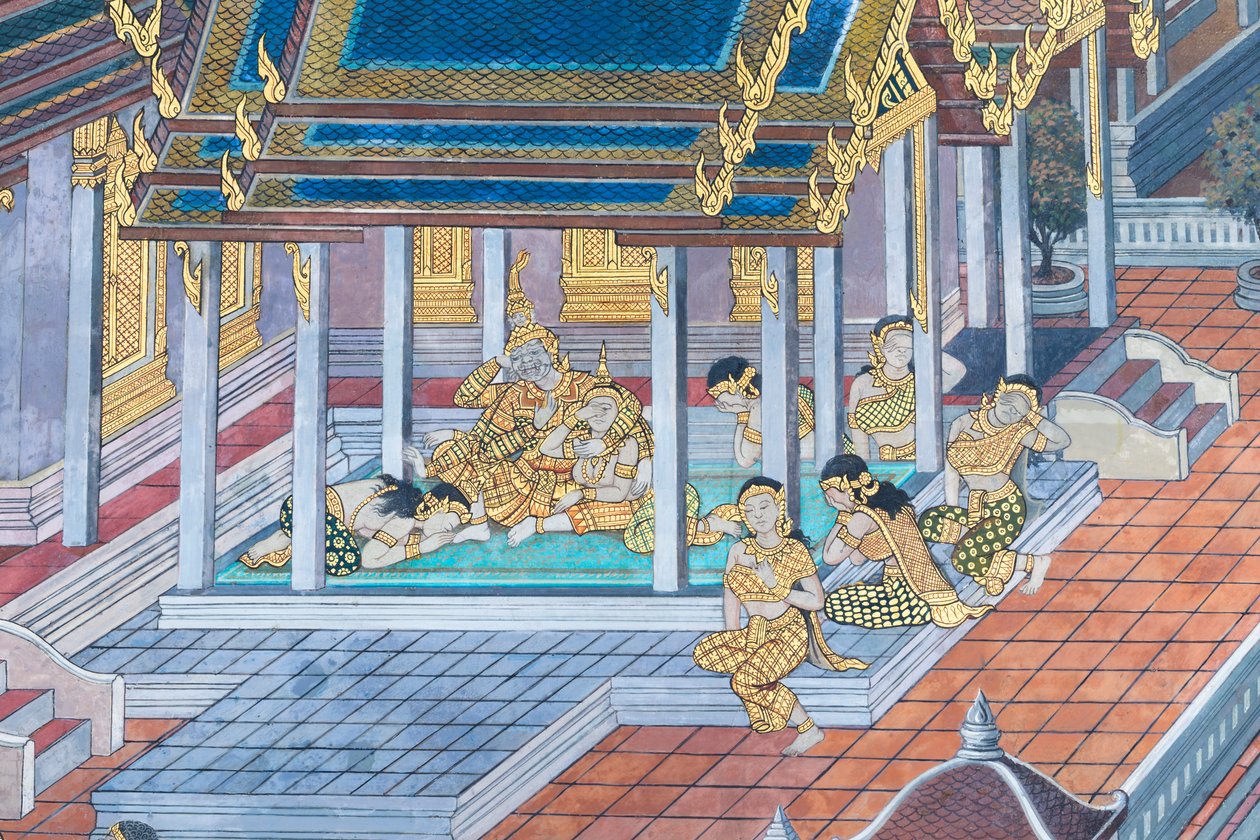Väggmålning som visar scener från Ramayana vid Wat Phra Kaeo, Royal Grand Palace, Bangkok, Thailand av Thai School