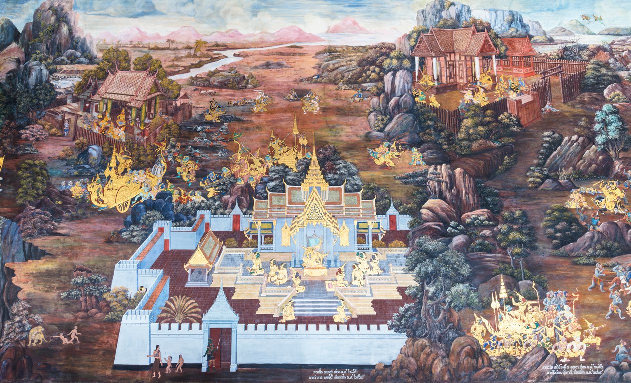 Väggmålning som visar scener från Ramayana vid Wat Phra Kaeo, Royal Grand Palace, Bangkok, Thailand av Thai School