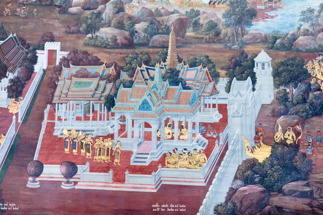 Väggmålning som visar scener från Ramayana vid Wat Phra Kaeo, Royal Grand Palace, Bangkok, Thailand av Thai School