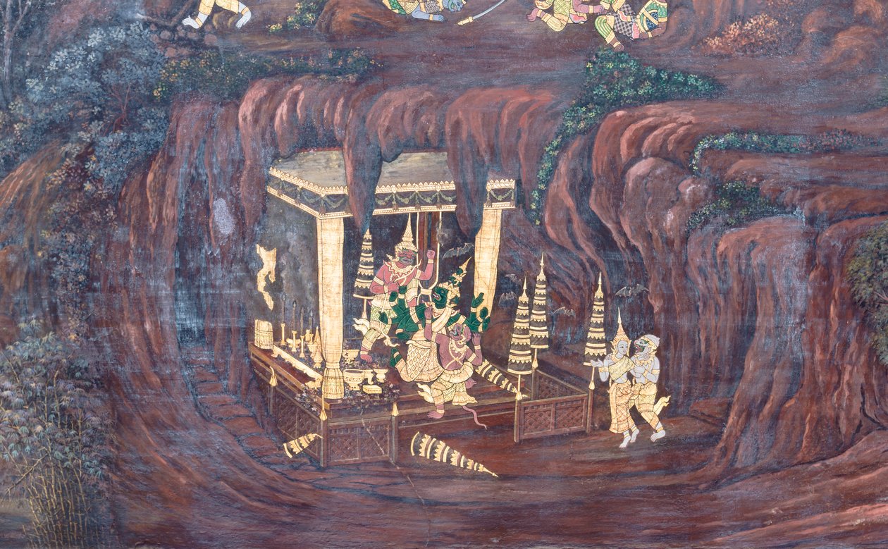 Väggmålning som visar scener från Ramayana vid Wat Phra Kaeo, Royal Grand Palace, Bangkok, Thailand av Thai School