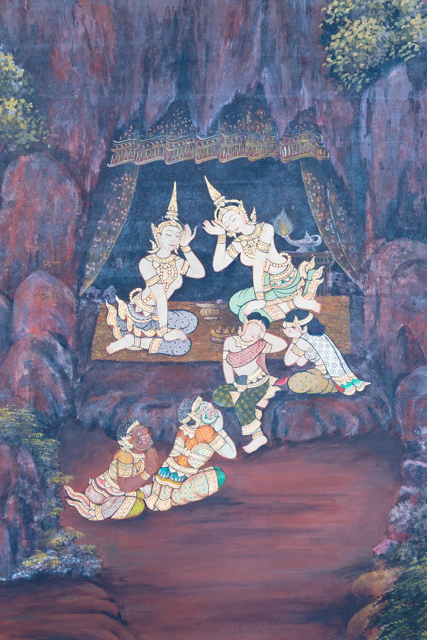 Väggmålning som visar scener från Ramayana vid Wat Phra Kaeo, Royal Grand Palace, Bangkok, Thailand av Thai School