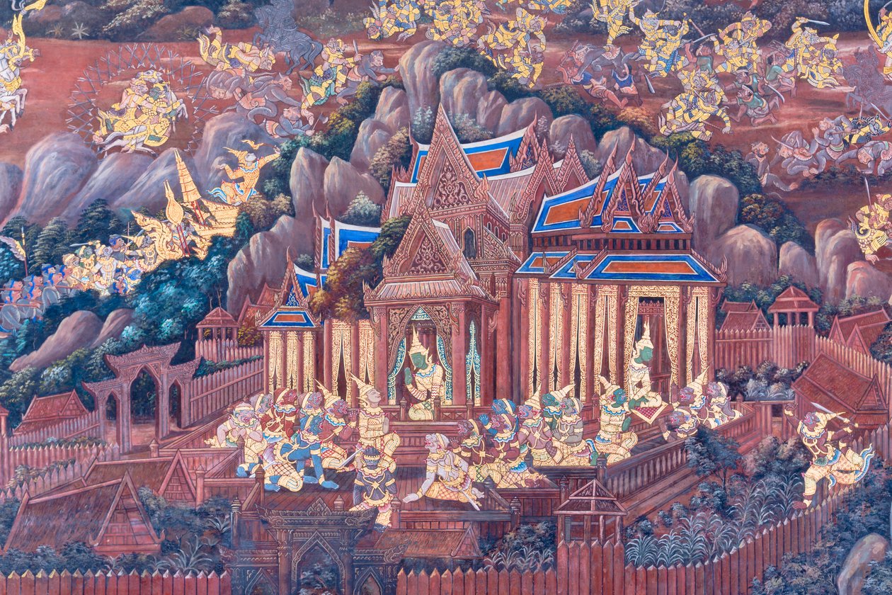 Väggmålning som visar scener från Ramayana vid Wat Phra Kaeo, Royal Grand Palace, Bangkok, Thailand av Thai School