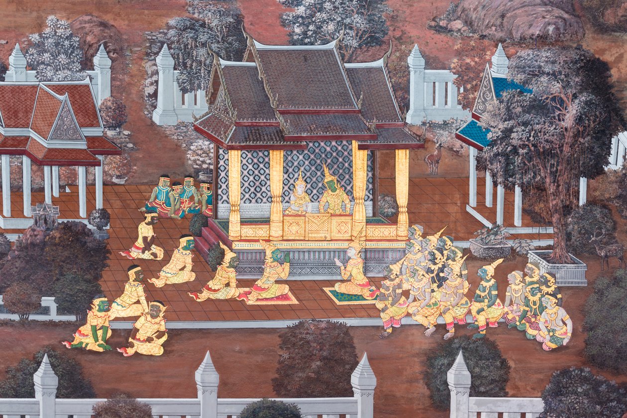 Väggmålning som visar scener från Ramayana vid Wat Phra Kaeo, Royal Grand Palace, Bangkok, Thailand av Thai School
