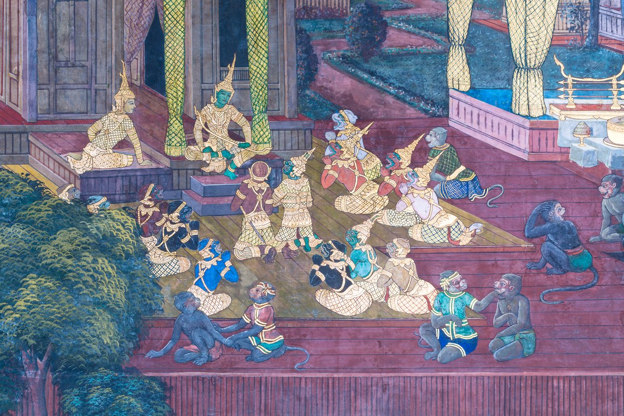 Väggmålning som visar scener från Ramayana vid Wat Phra Kaeo, Royal Grand Palace, Bangkok, Thailand av Thai School