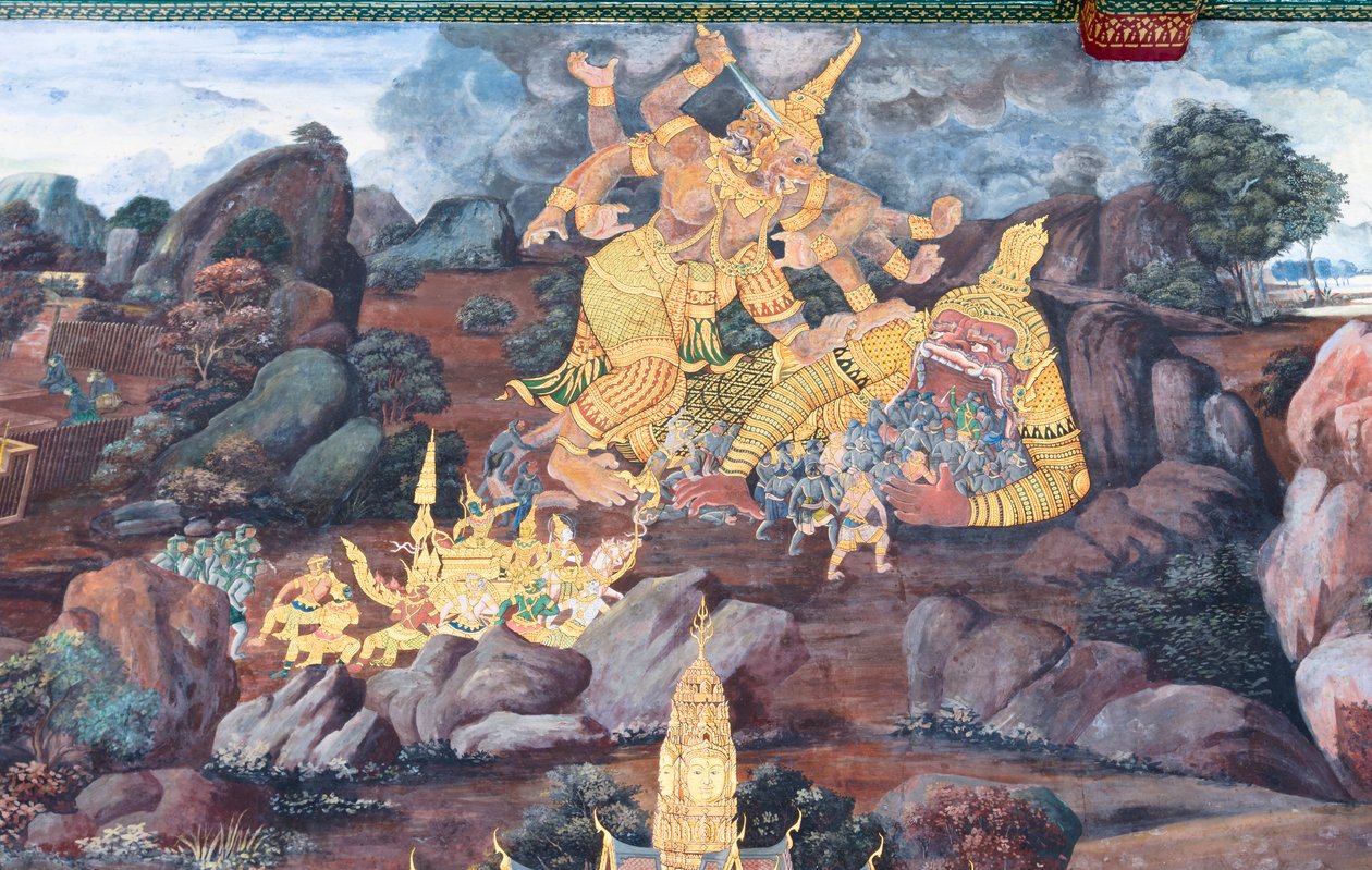 Väggmålning som visar scener från Ramayana vid Wat Phra Kaeo, Royal Grand Palace, Bangkok, Thailand av Thai School