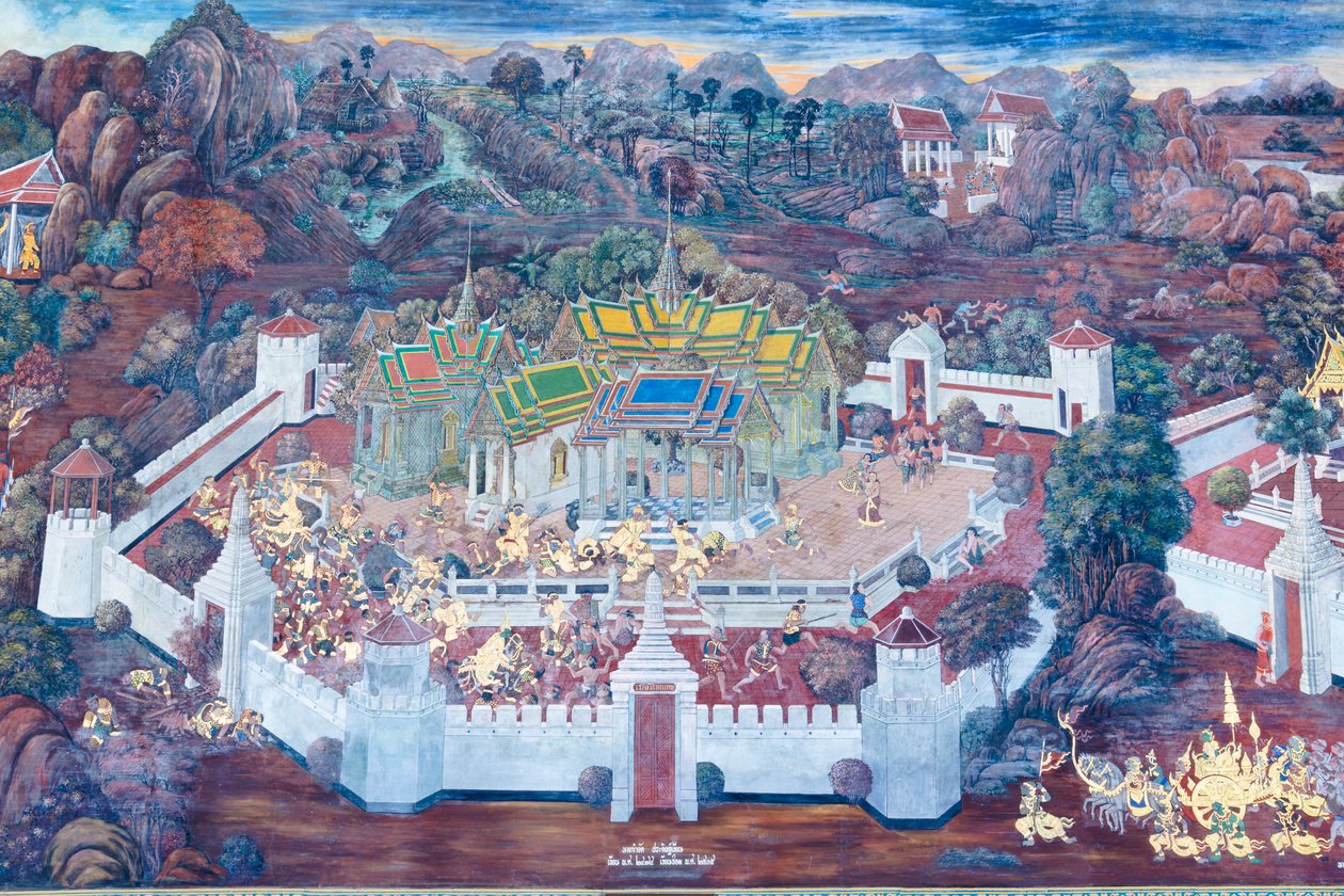 Väggmålning som visar scener från Ramayana vid Wat Phra Kaeo, Royal Grand Palace, Bangkok, Thailand av Thai School