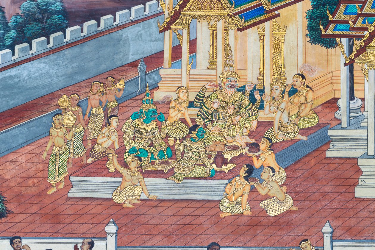 Väggmålning som visar scener från Ramayana vid Wat Phra Kaeo, Royal Grand Palace, Bangkok, Thailand av Thai School