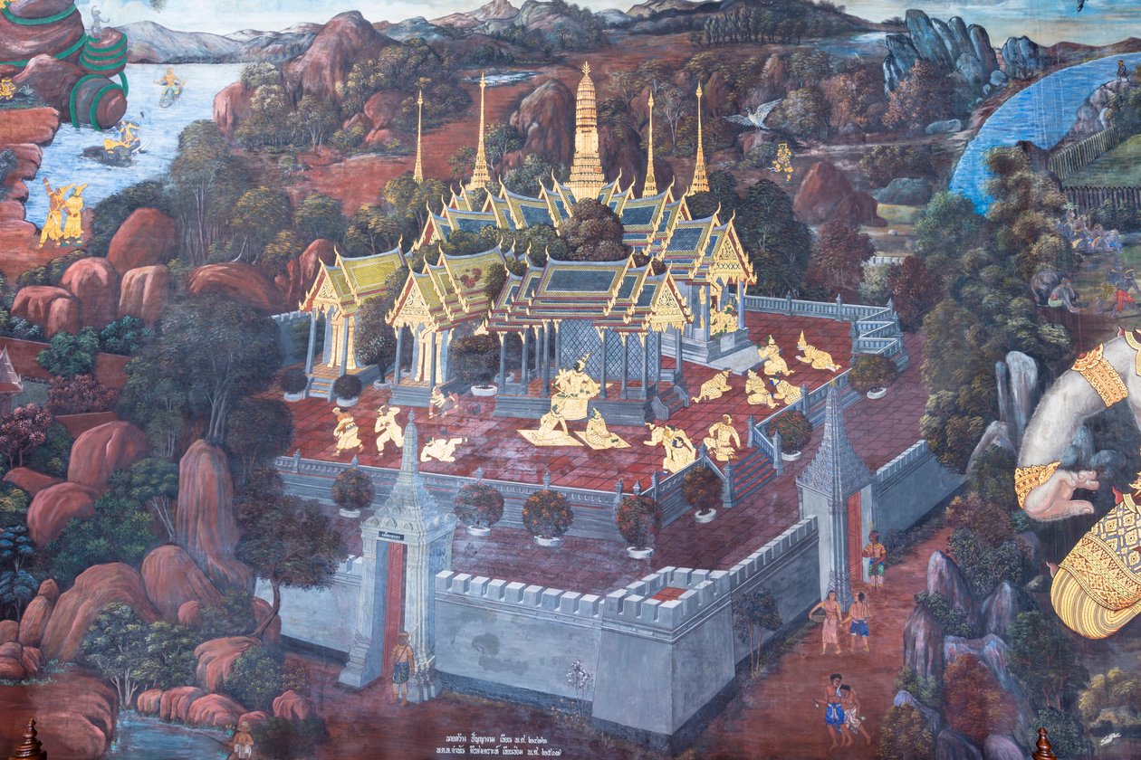 Väggmålning som visar scener från Ramayana vid Wat Phra Kaeo, Royal Grand Palace, Bangkok, Thailand av Thai School