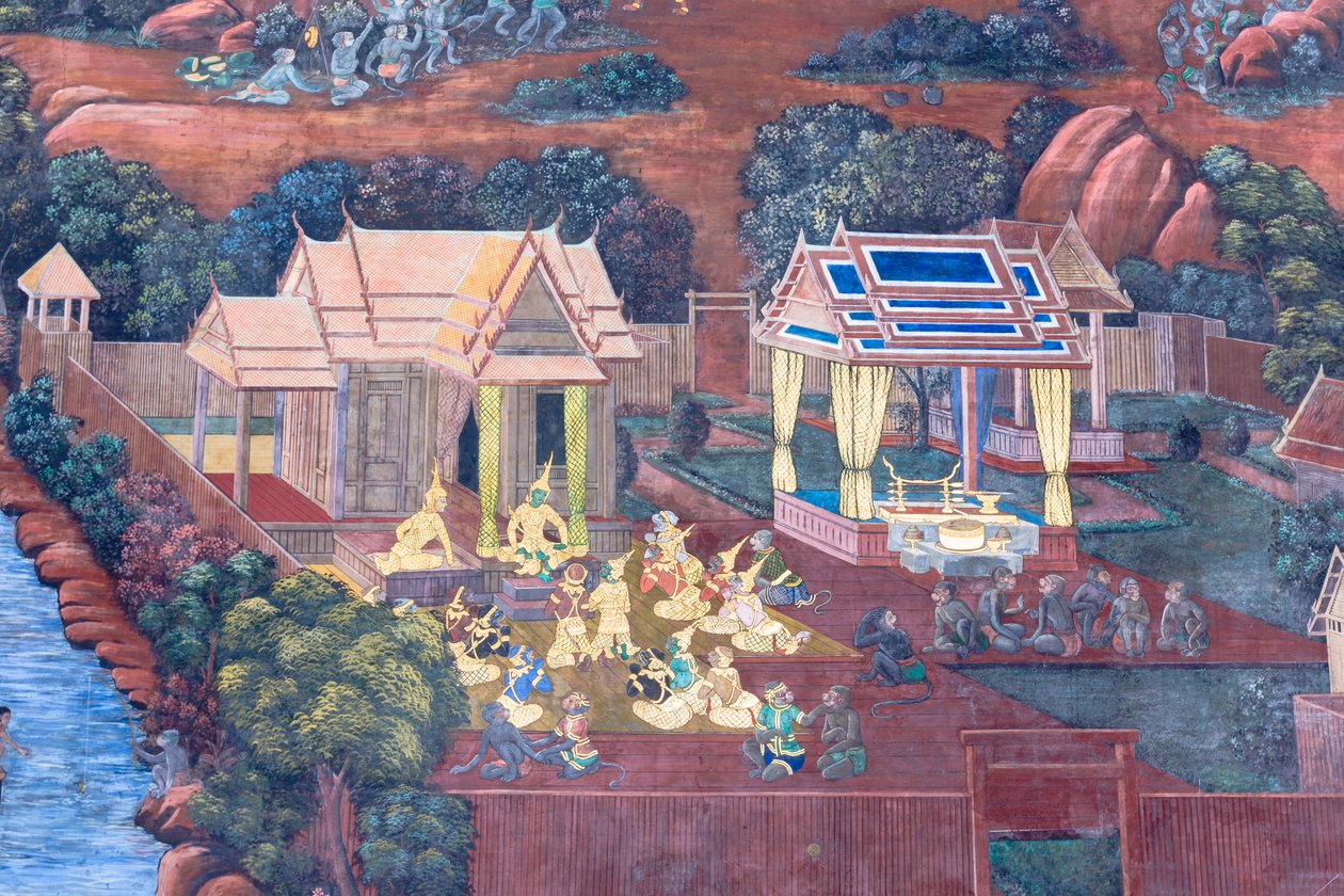 Väggmålning som visar scener från Ramayana vid Wat Phra Kaeo, Royal Grand Palace, Bangkok, Thailand av Thai School