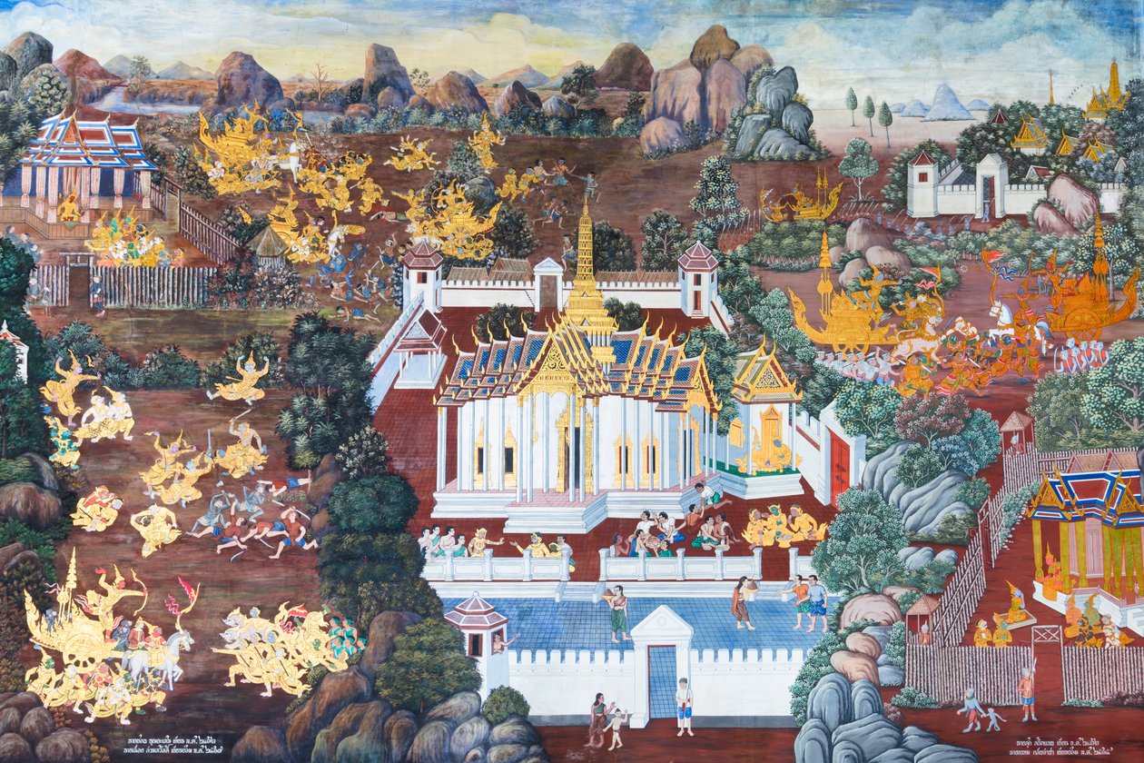 Väggmålning som visar scener från Ramayana vid Wat Phra Kaeo, Royal Grand Palace, Bangkok, Thailand av Thai School