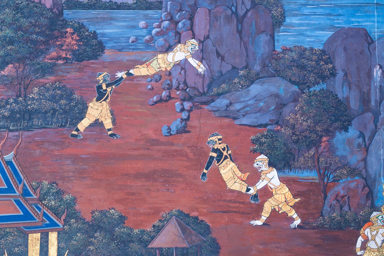 Väggmålning som visar scener från Ramayana vid Wat Phra Kaeo, Royal Grand Palace, Bangkok, Thailand av Thai School