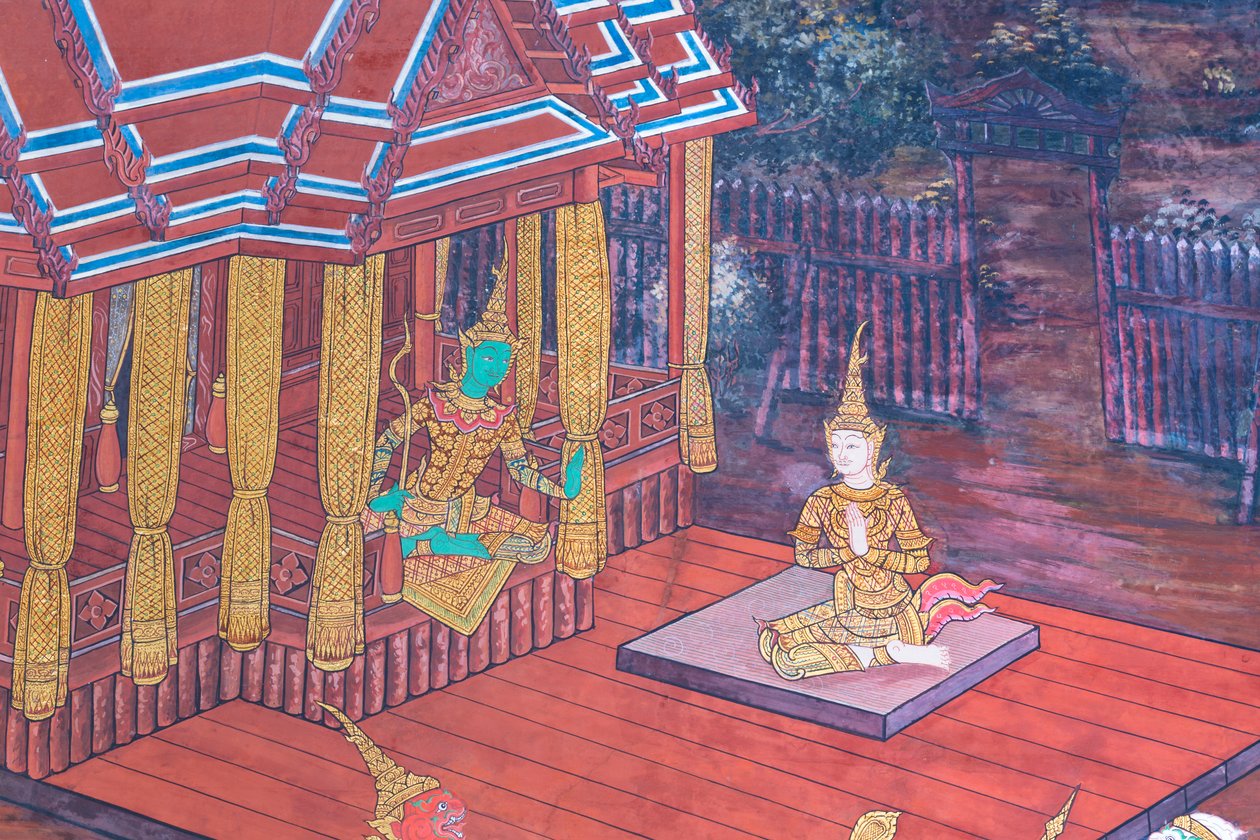 Väggmålning som visar scener från Ramayana vid Wat Phra Kaeo, Royal Grand Palace, Bangkok, Thailand av Thai School