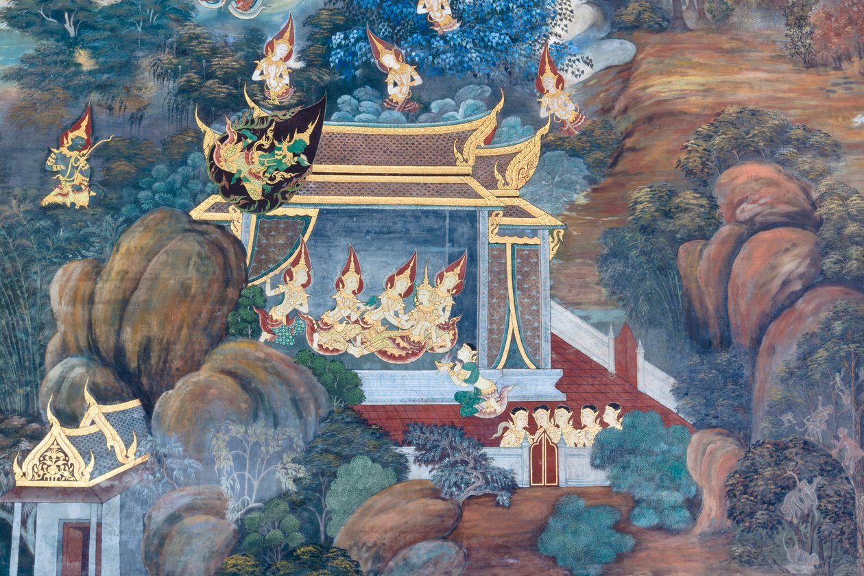 Väggmålning som visar scener från Ramayana vid Wat Phra Kaeo, Royal Grand Palace, Bangkok, Thailand av Thai School