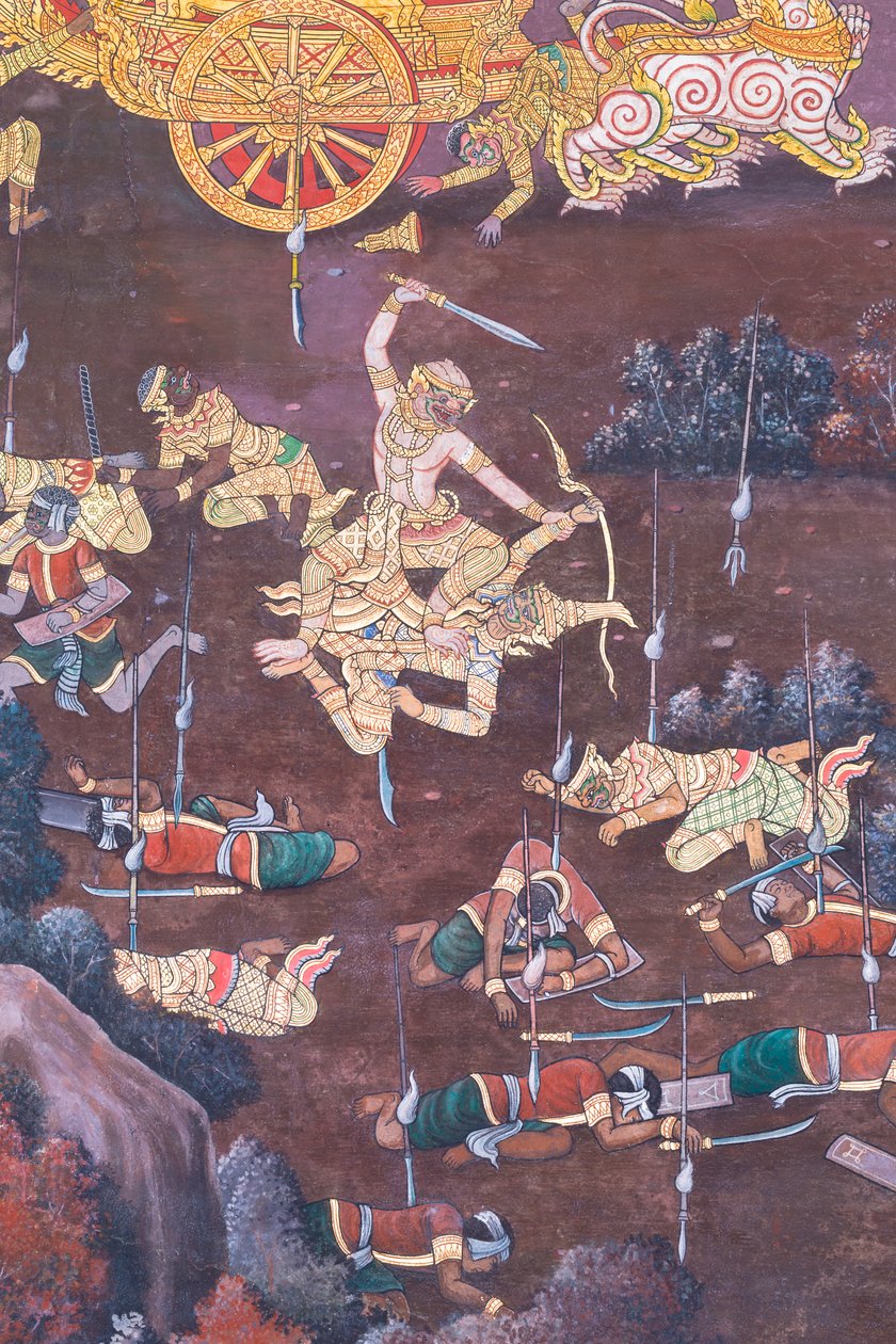 Väggmålning som visar scener från Ramayana vid Wat Phra Kaeo, Royal Grand Palace, Bangkok, Thailand av Thai School