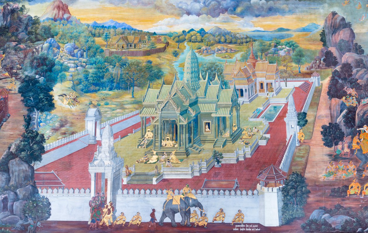 Väggmålning med scener ur Ramayana i Wat Phra Kaeo, det kungliga stora palatset, Bangkok, Thailand av Thai School