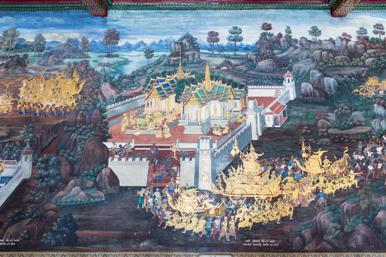 Väggmålning som visar scener från Ramayana vid Wat Phra Kaeo, Royal Grand Palace, Bangkok, Thailand av Thai School