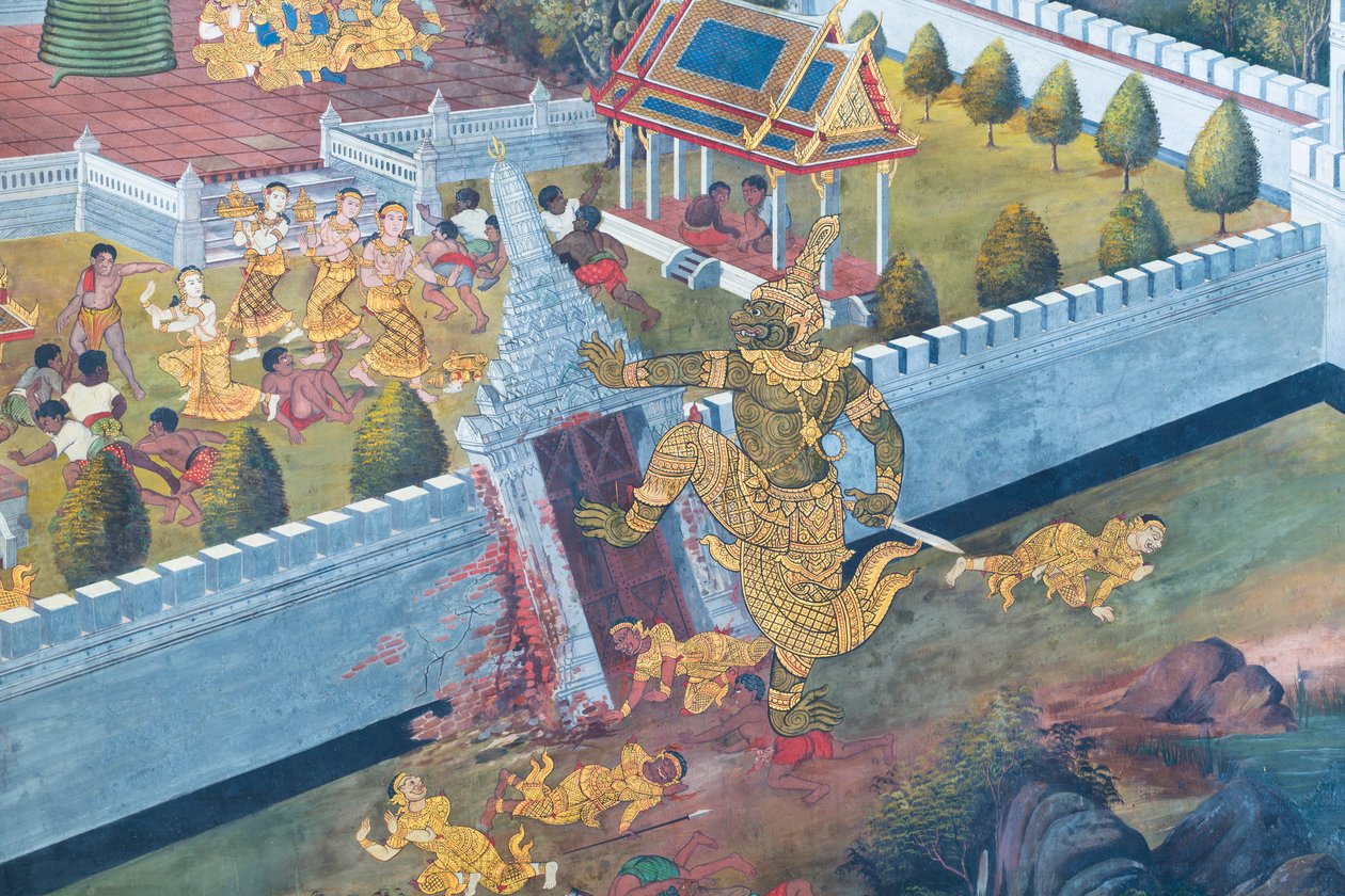 Väggmålning som visar scener från Ramayana vid Wat Phra Kaeo, Royal Grand Palace, Bangkok, Thailand av Thai School