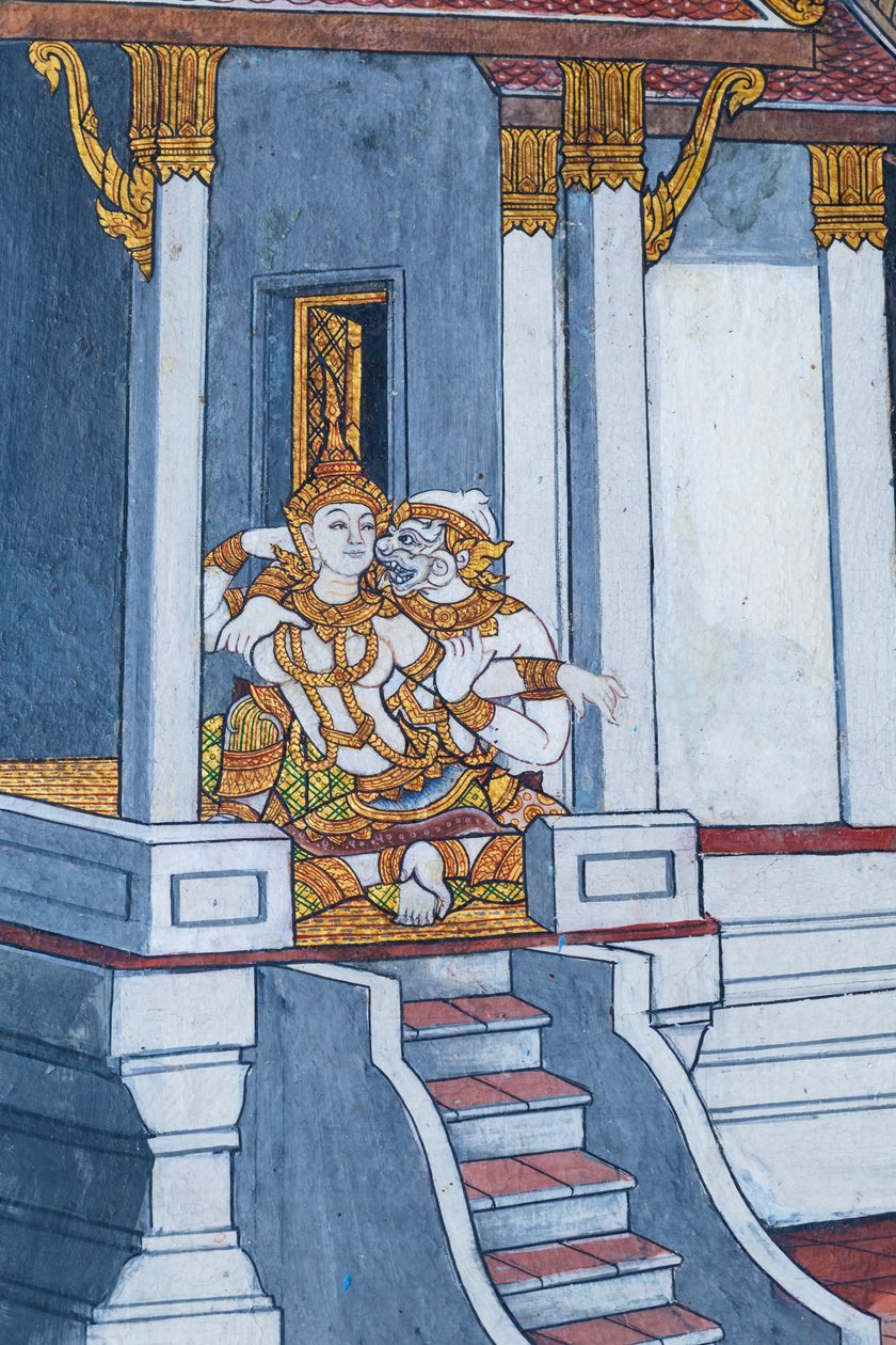 Väggmålning som visar scener från Ramayana vid Wat Phra Kaeo, Royal Grand Palace, Bangkok, Thailand av Thai School