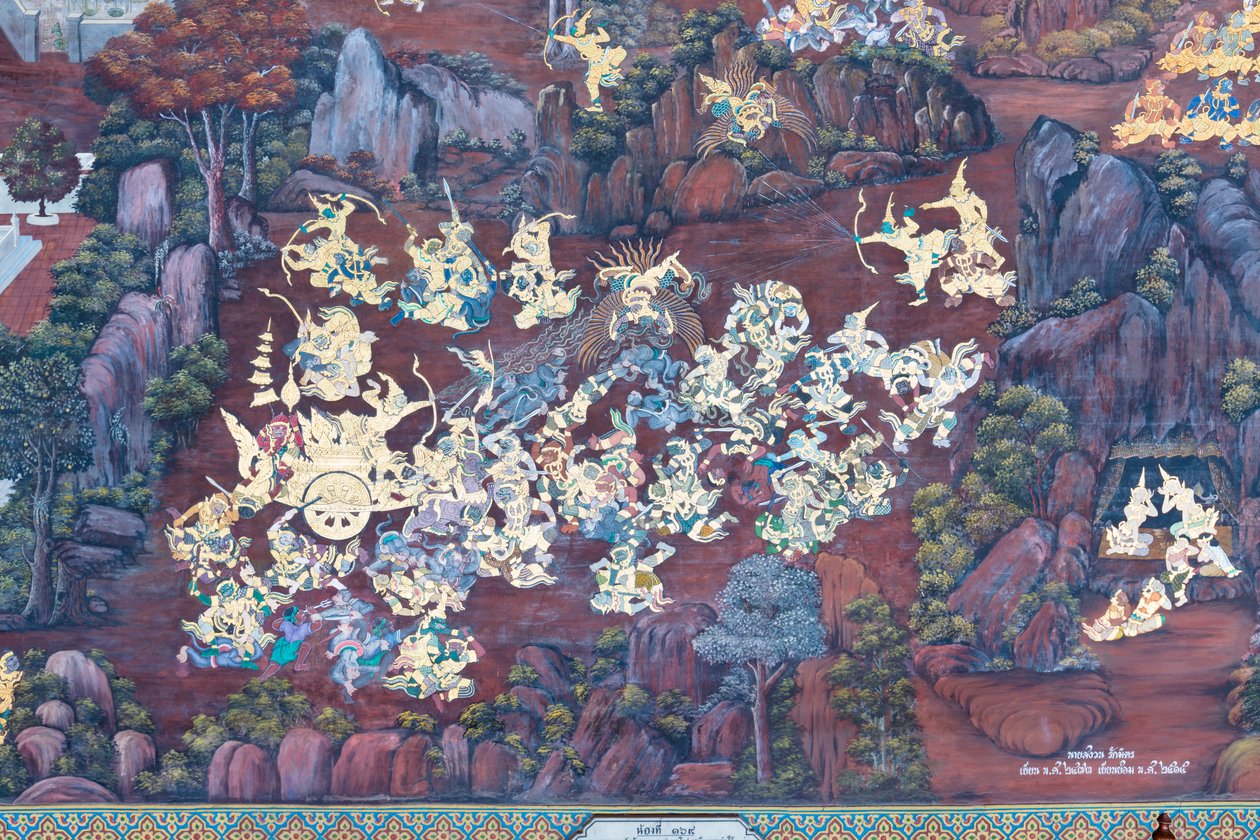 Väggmålning som visar scener från Ramayana vid Wat Phra Kaeo, Royal Grand Palace, Bangkok, Thailand av Thai School