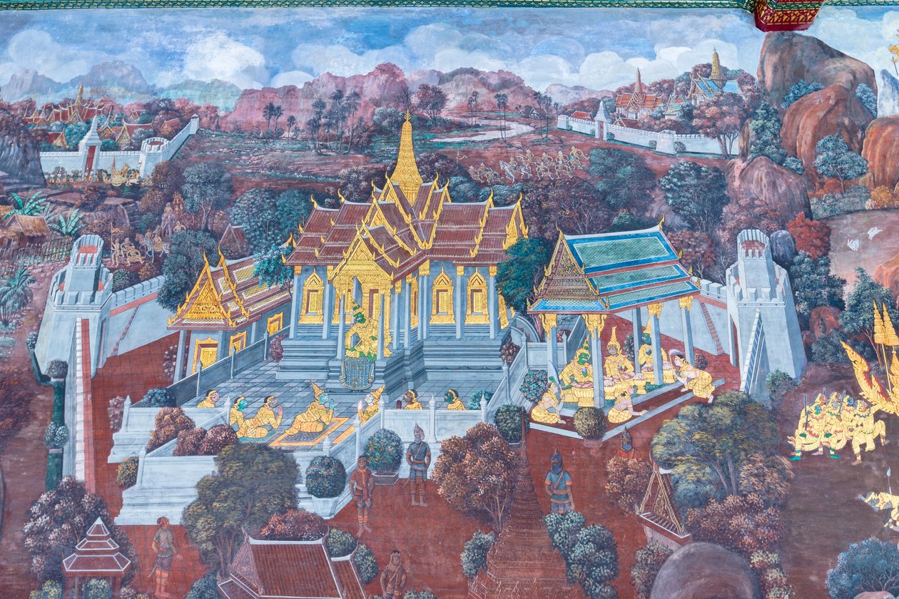 Väggmålning som visar scener från Ramayana vid Wat Phra Kaeo, Royal Grand Palace, Bangkok, Thailand av Thai School