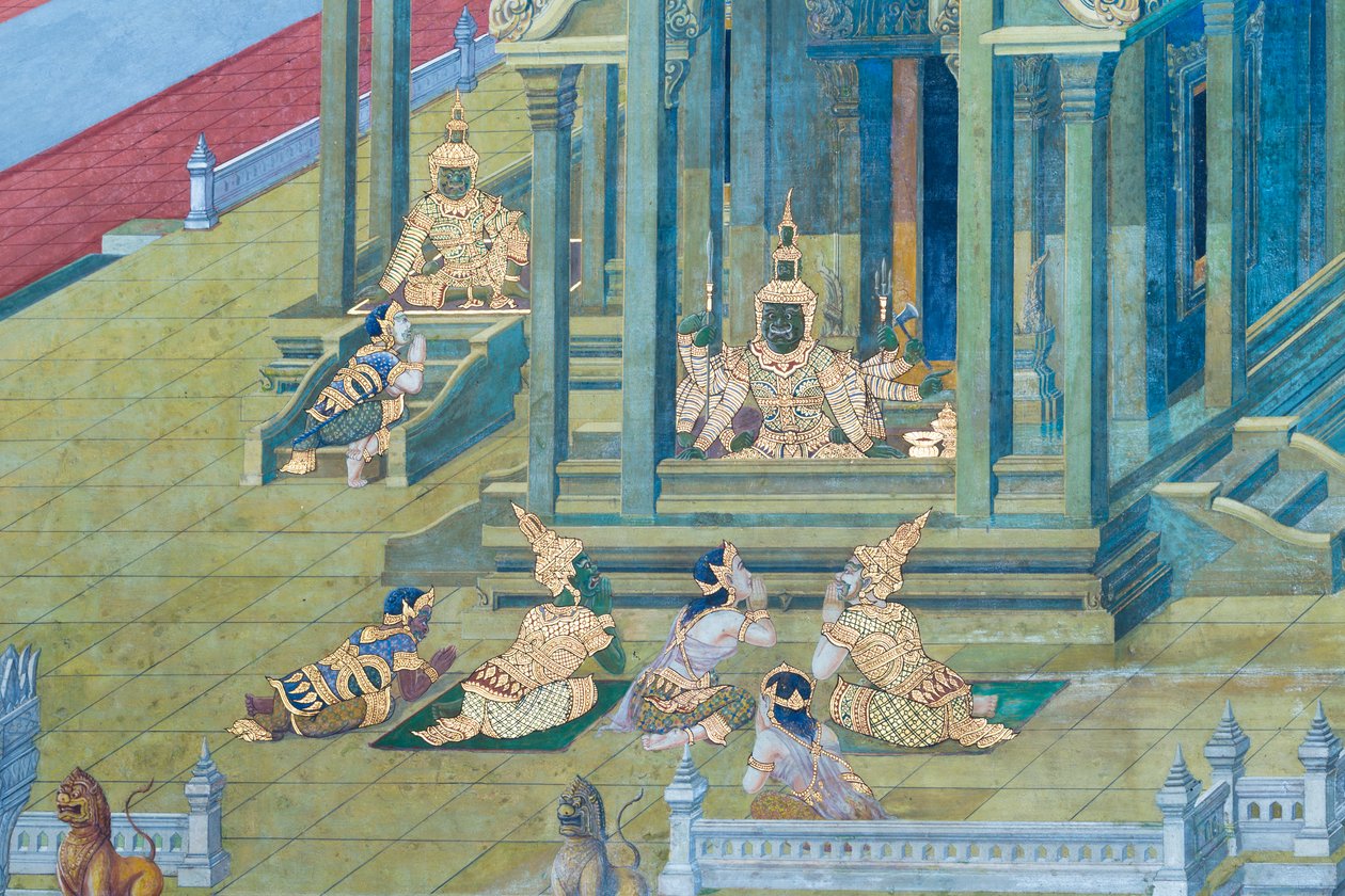 Väggmålning som visar scener från Ramayana vid Wat Phra Kaeo, Royal Grand Palace, Bangkok, Thailand av Thai School