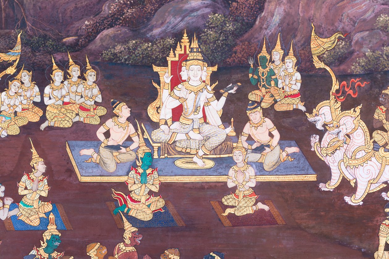 Väggmålning som visar scener från Ramayana vid Wat Phra Kaeo, Royal Grand Palace, Bangkok, Thailand av Thai School