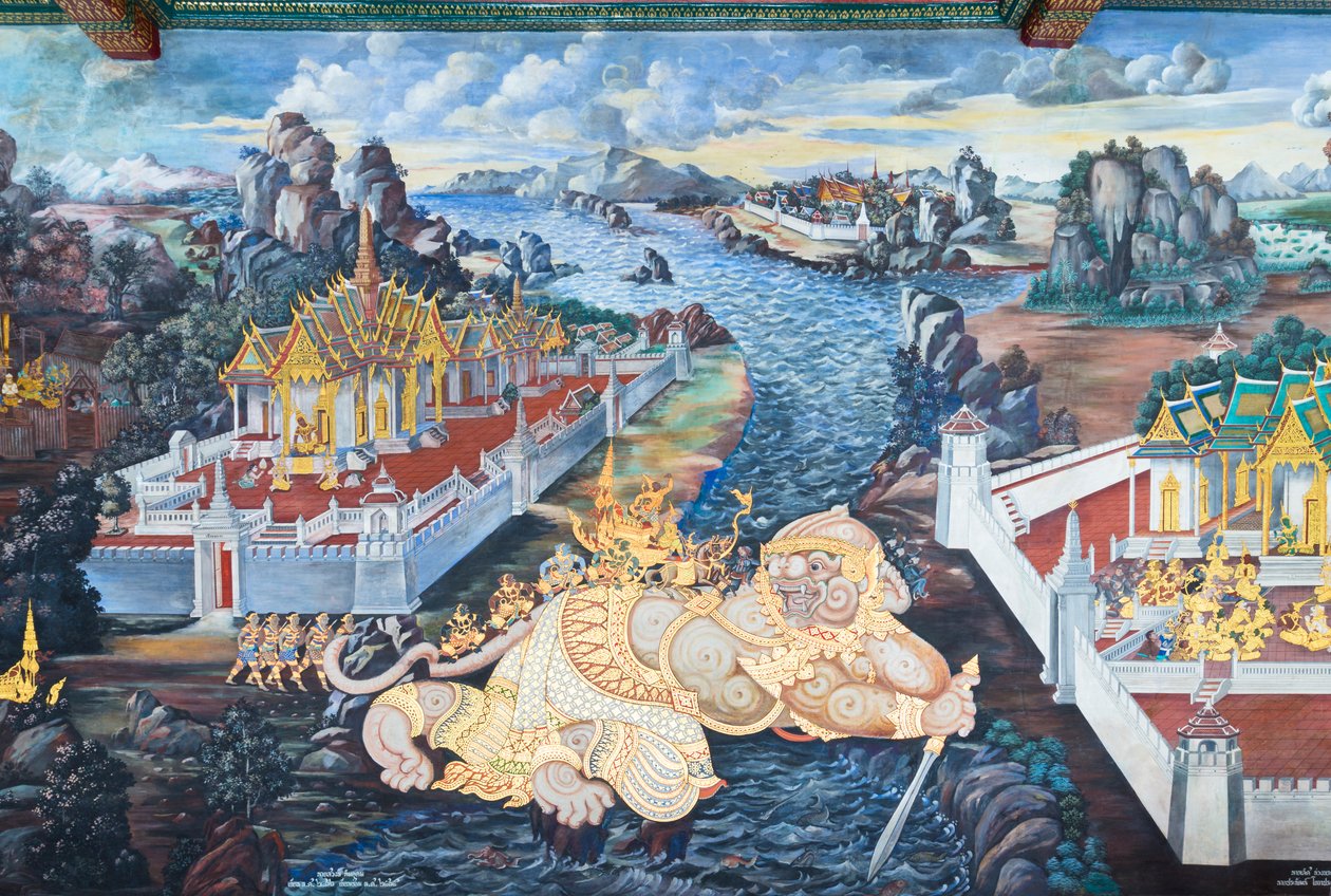 Väggmålning som visar scener från Ramayana vid Wat Phra Kaeo, Royal Grand Palace, Bangkok, Thailand av Thai School