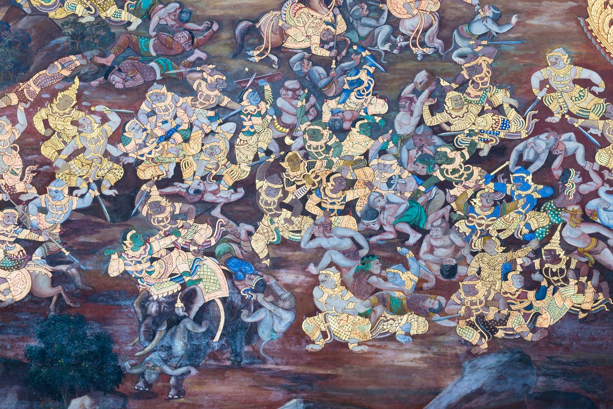 Väggmålning som visar scener från Ramayana vid Wat Phra Kaeo, Royal Grand Palace, Bangkok, Thailand av Thai School