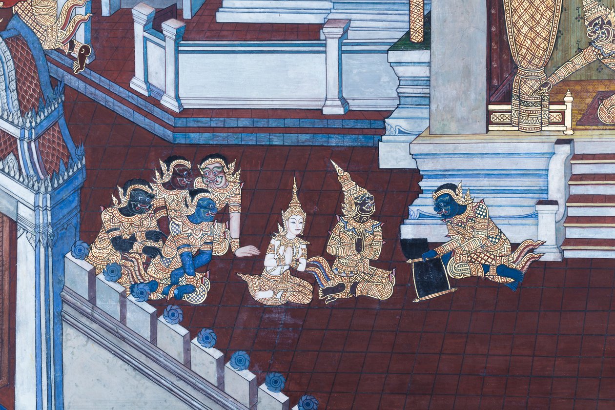 Väggmålning som visar scener från Ramayana vid Wat Phra Kaeo, Royal Grand Palace, Bangkok, Thailand av Thai School
