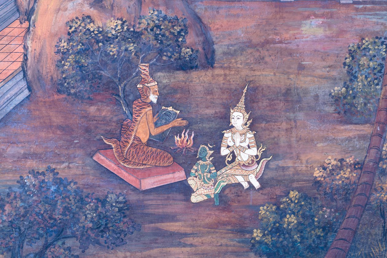 Väggmålning som visar scener från Ramayana vid Wat Phra Kaeo, Royal Grand Palace, Bangkok, Thailand av Thai School