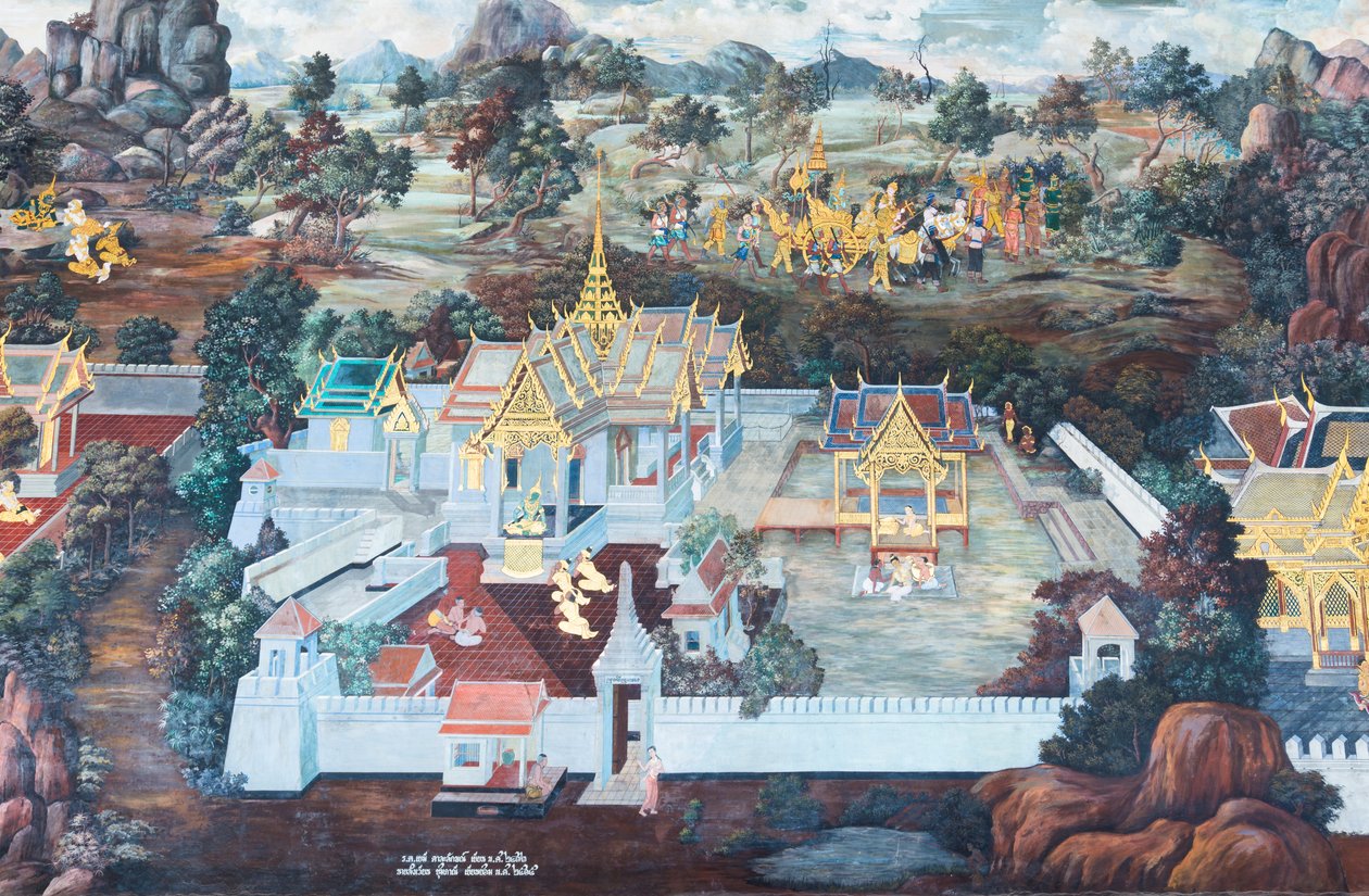 Väggmålning som visar scener från Ramayana vid Wat Phra Kaeo, Royal Grand Palace, Bangkok, Thailand av Thai School