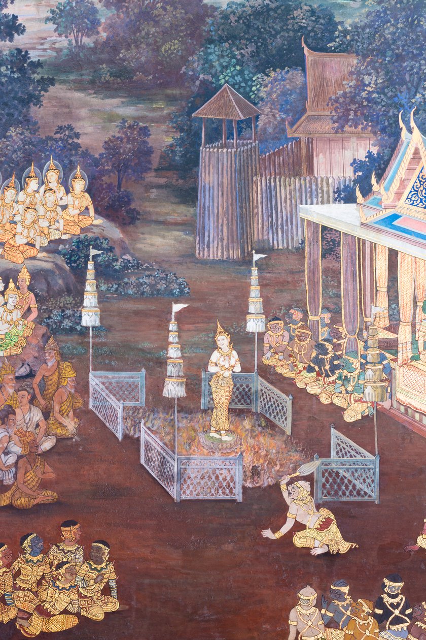 Väggmålning som visar scener från Ramayana vid Wat Phra Kaeo, Royal Grand Palace, Bangkok, Thailand av Thai School