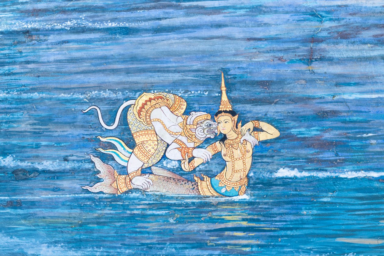 Väggmålning som visar scener från Ramayana vid Wat Phra Kaeo, Royal Grand Palace, Bangkok, Thailand av Thai School