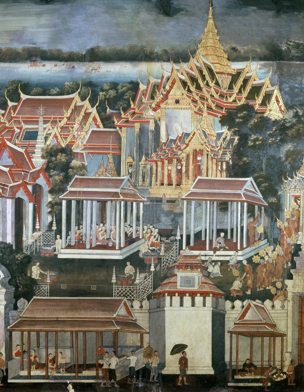 Offer till munkar i Emerald Buddhas tempel, 1864 (väggmålning) av Thai School