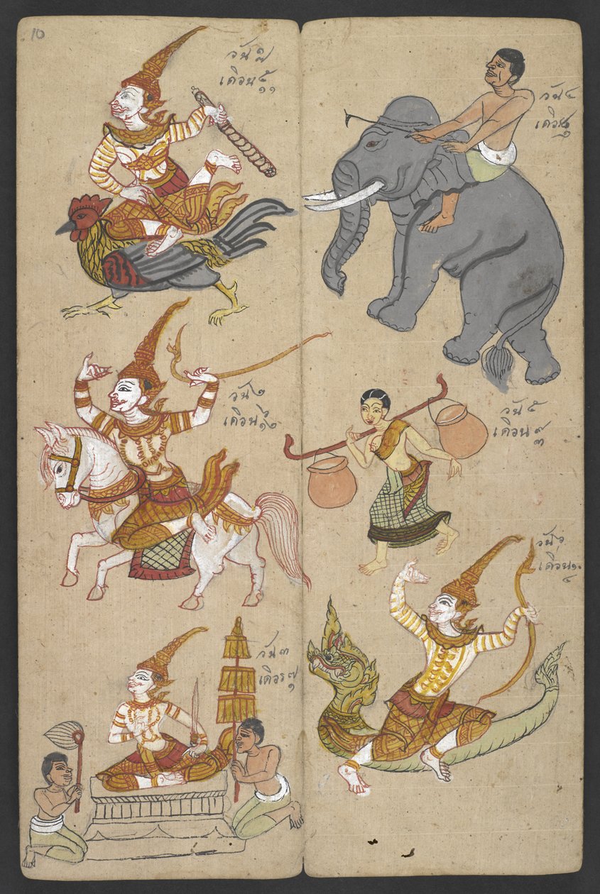 Eller 16455 f.10r, Djur från zodiaken, från Phrommachat (pergament) av Thai School