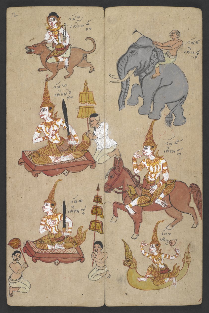 Eller 16455 f.12r, Djur från zodiaken, från Phrommachat (pergament) av Thai School