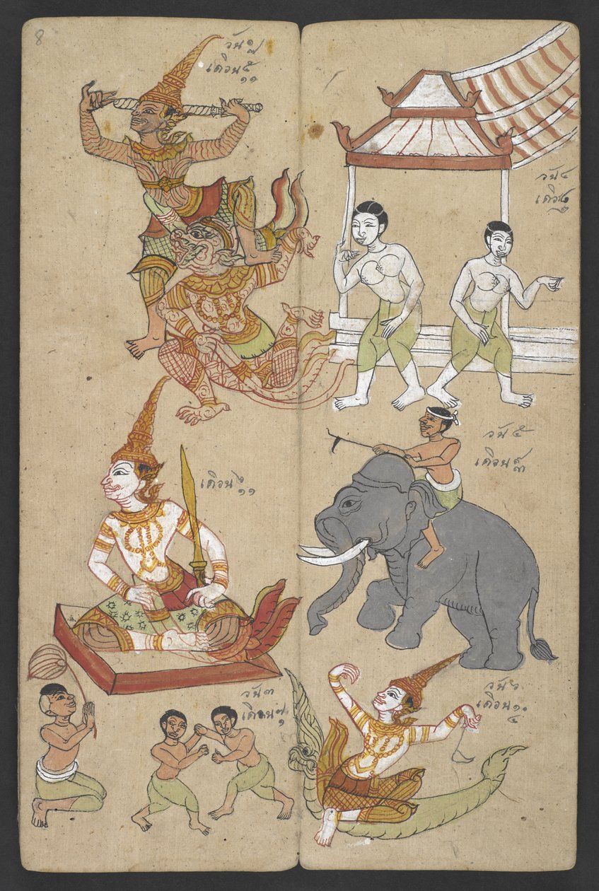 Eller 16455 f.8r, Djur från zodiaken, från Phrommachat (pergament) av Thai School