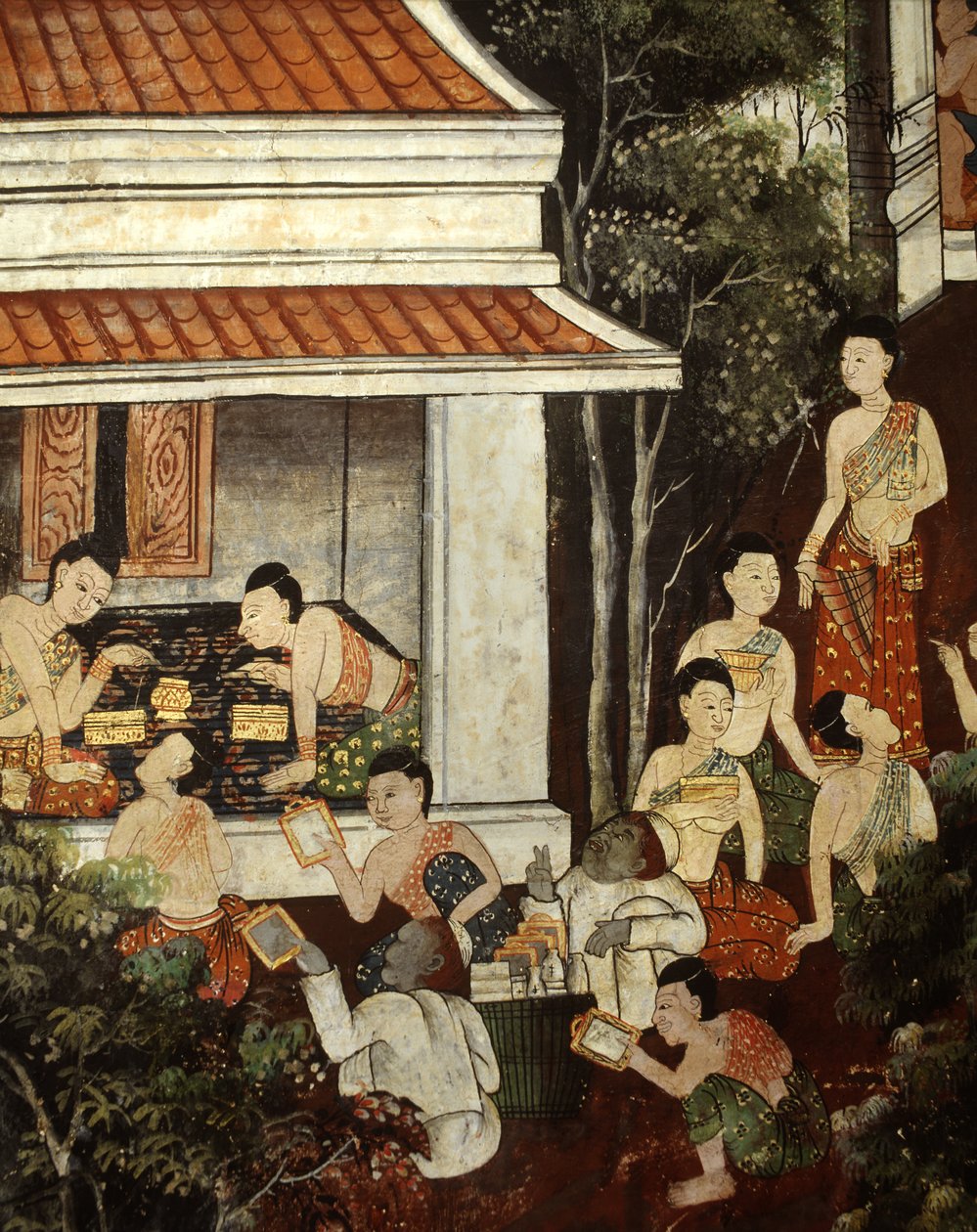 Palatsdamer köper smycken och speglar från muslimska köpmän, Rattanakosin-stil (väggmålning) av Thai School