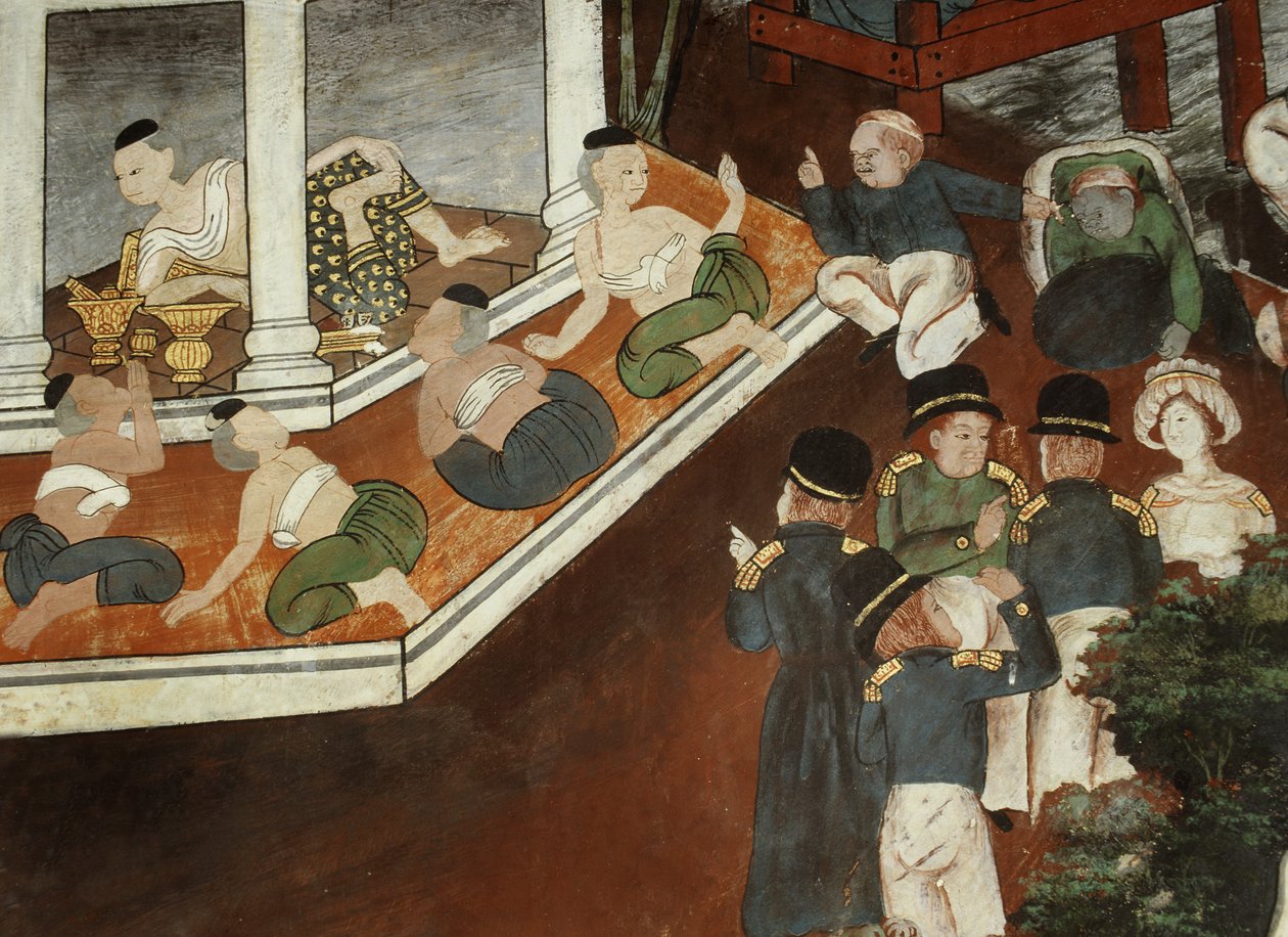 Palatsdam som tar emot muslimska köpmän och västerländska sjömän, Rattanakosin-skolan (väggmålning) av Thai School