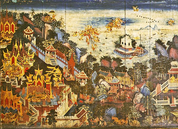 Bakre panel av en garderob som visar en scen från Ramakien (olja på panel) av Thai School