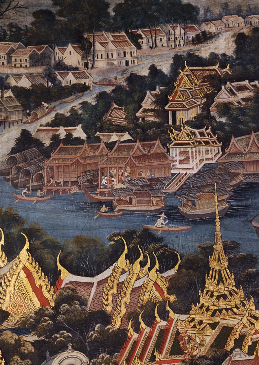 Utsikt över Bangkoks kungliga palats, floden Chao Phraya och Tonburi, som visar thailändska trähus och kinesiska bostäder i tegel och stuckatur, 1864 (väggmålning) av Thai School