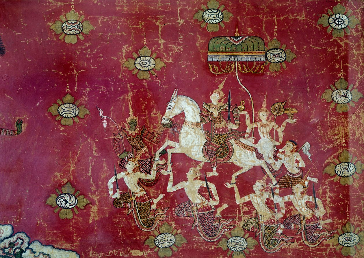 Buddhism: "" scen av Buddhas liv: The Grand Depart"" Detalj av en målning på duk från Thailand. Sön 1,4x0,9 m Paris, Musee Guimet, Musee national des Arts Asians av Thai Thai