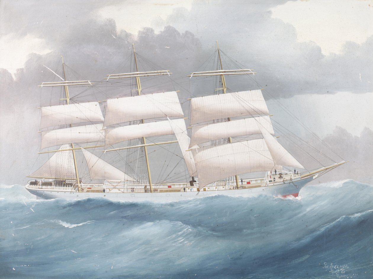 The three masted ship ‚Brynymor‘ at sea av The Adelaide Photo Co. Manner of Reginald Arthur Borstel
