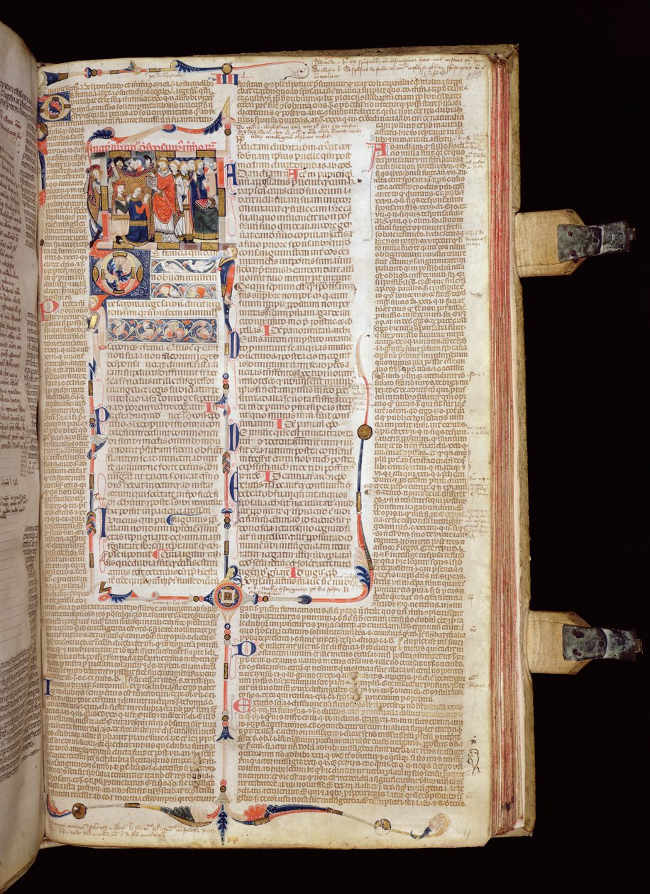 Ms McClean 136 f.188r Miniatyr av en präst som välsignar en brud och brudgum, från Gregory IX:s dekreter, södra Frankrike eller England, ca 1300 (bladguld & tempera på pergament) av The Jonathan Alexander Master