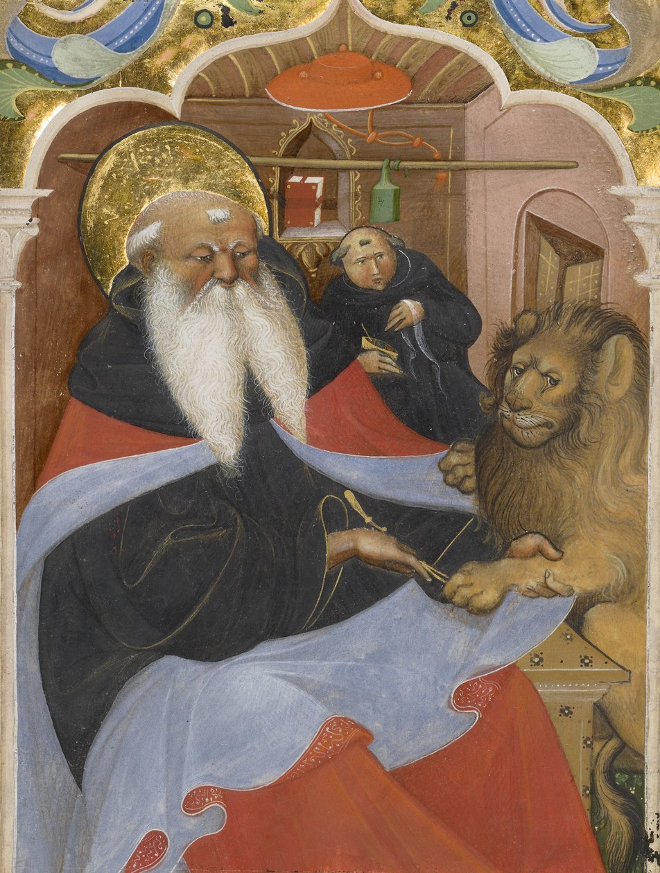 Sankt Hieronymus utvinner en tagg från ett lejontass Ms 106, 1425-50 (tempera och bladguld på pergament) av The Master of the Murano Gradual