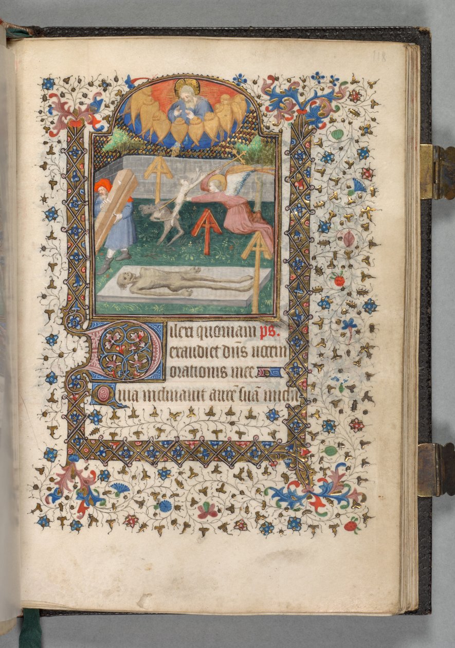 Timbok (användning i Paris): Fol. 118r, Ängel och djävul kämpar om en själ av The Bedford Master
