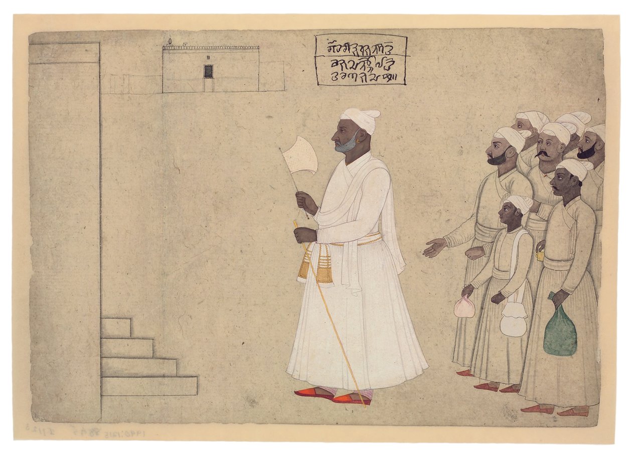 Pandit Hari Saran närmar sig ett palats, ca 1755-60 (ogenomskinlig wc och guld på papper) av The Family of Nainsukh
